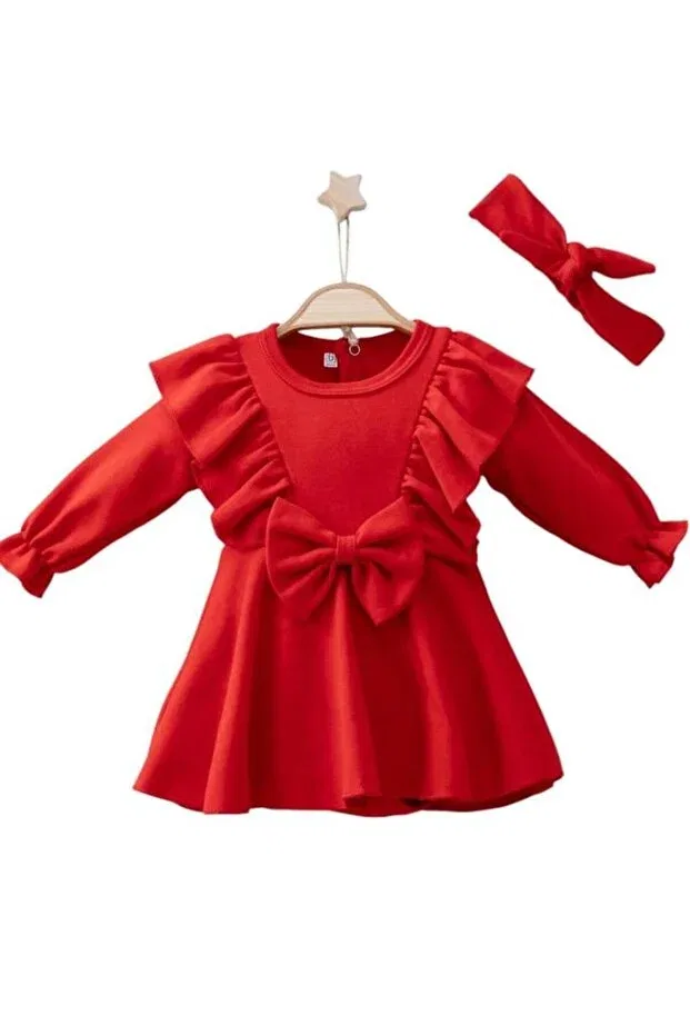 Детское платье для девочек с длинным рукавом Red bow ruffle dress and headband 2-piece baby girl set Dumledo, Red