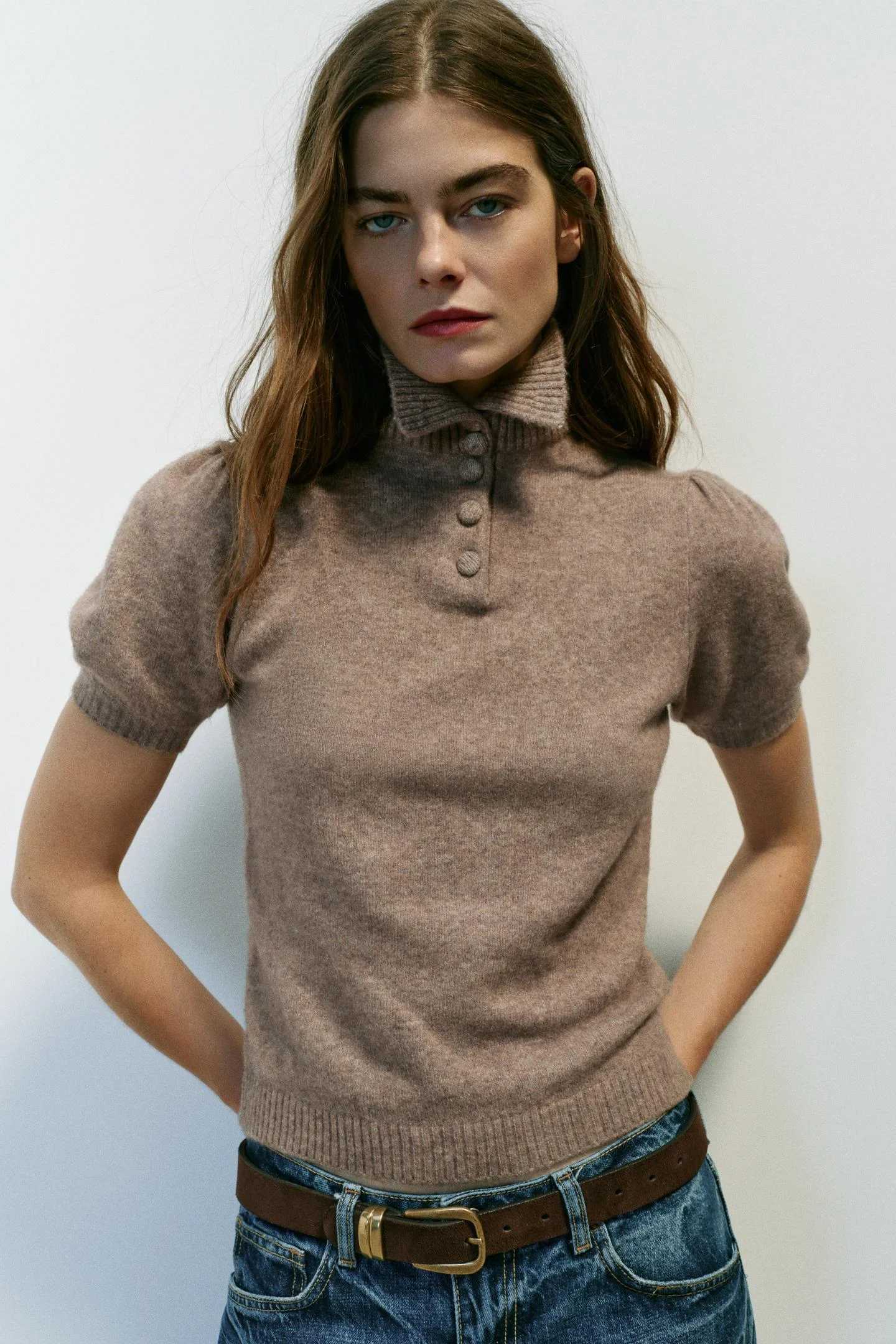 Джемпер Zara с коротким рукавом, бежево‑коричневый