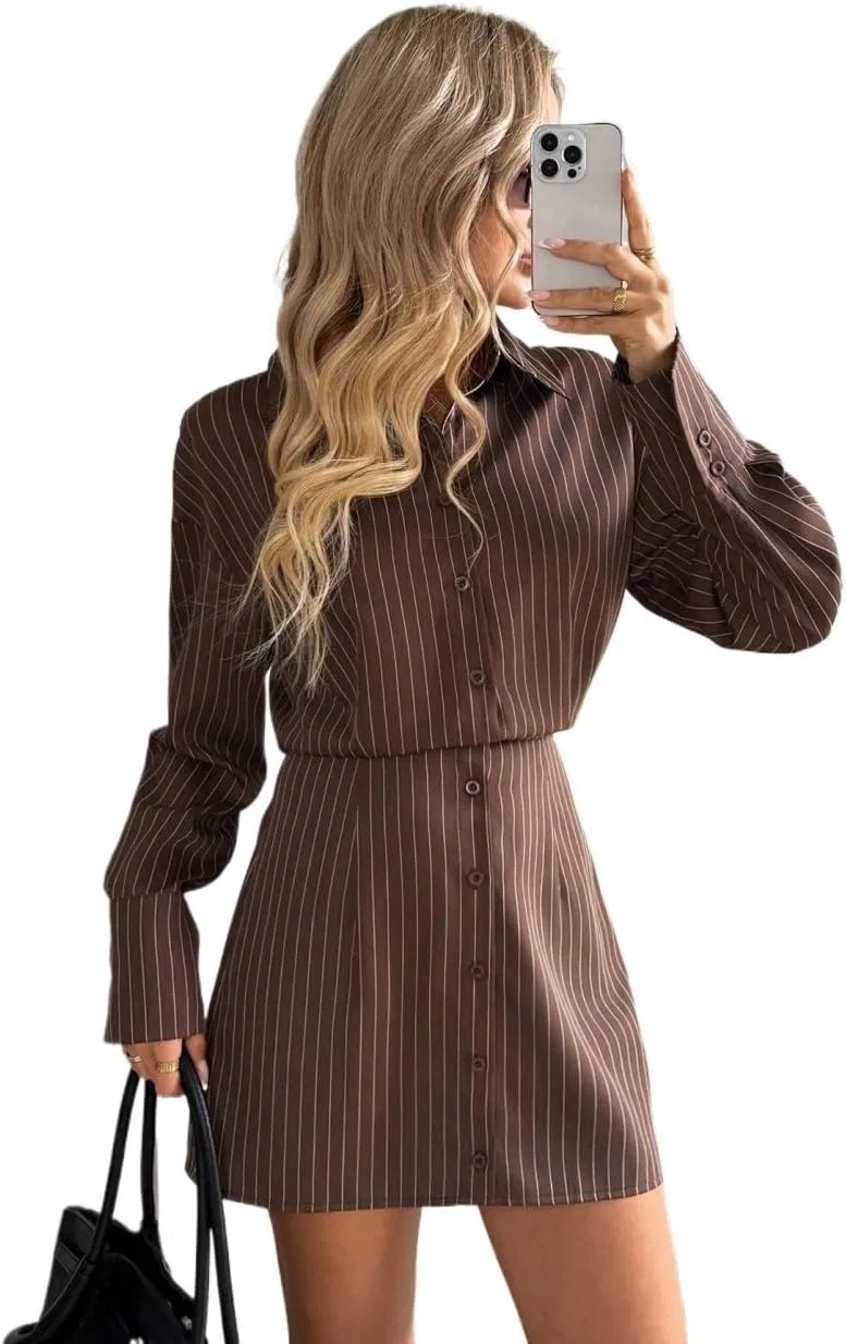 Женское повседневное платье-рубашка с поясом, длинным рукавом, Chocolate Brown — фото 4