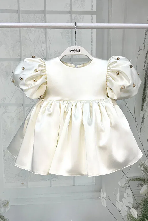 Детское платье для девочек с коротким рукавом-фонарик Pearl balloon sleeve Bertuğ Bebek, Ecru
