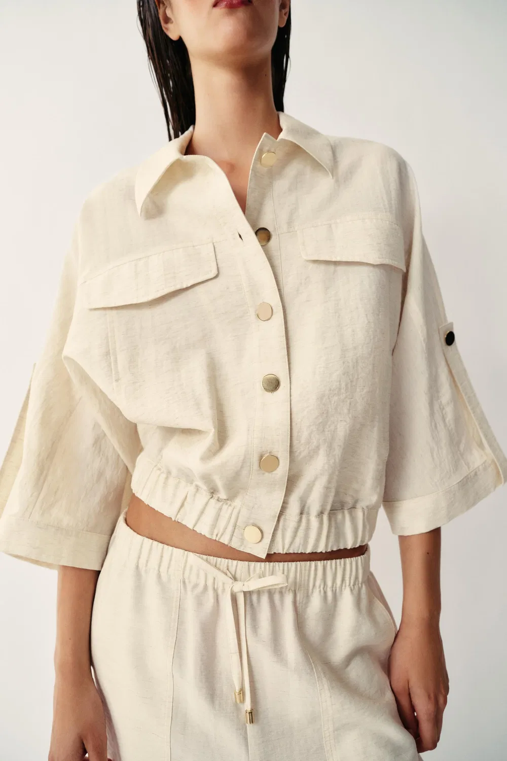Блузка в стиле сафари с отворотами на рукавах ZARA, Light beige — фото 3