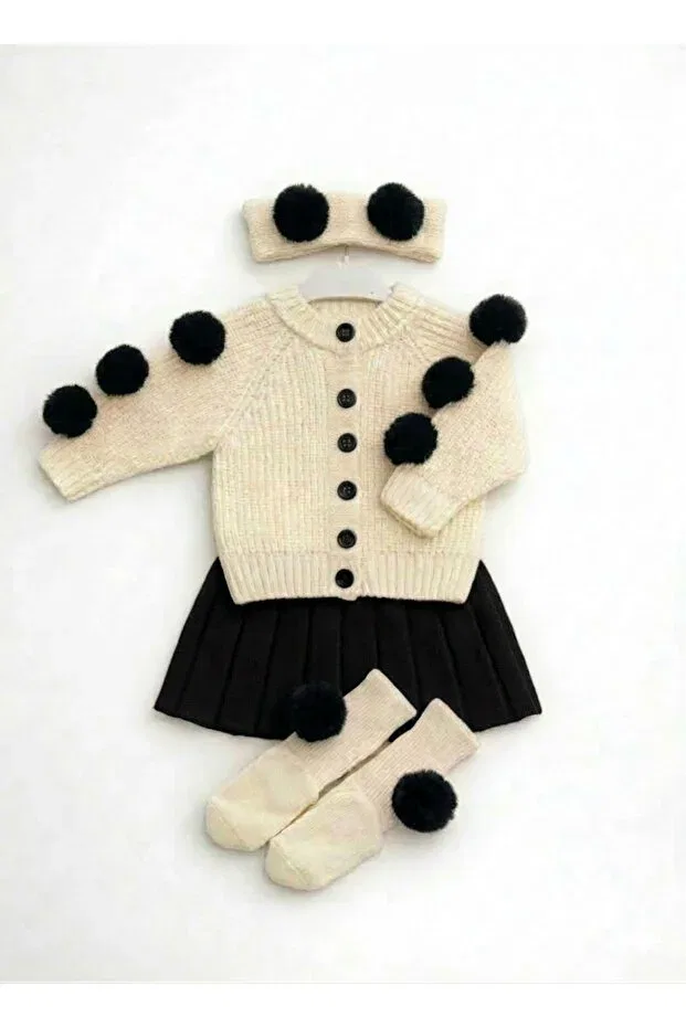 Детский комплект для девочек из трикотажа Pompom Cardigan, Skirt & Socks Mihrumay, Black — фото 2