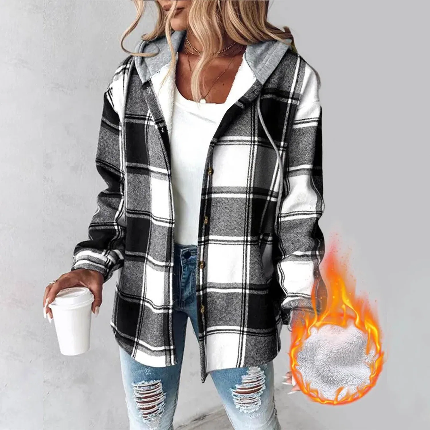 Женское пальто с капюшоном и принтом в клетку, модель Uk Checked Casual Sciolto Shacket, 01 Nero — фото 2