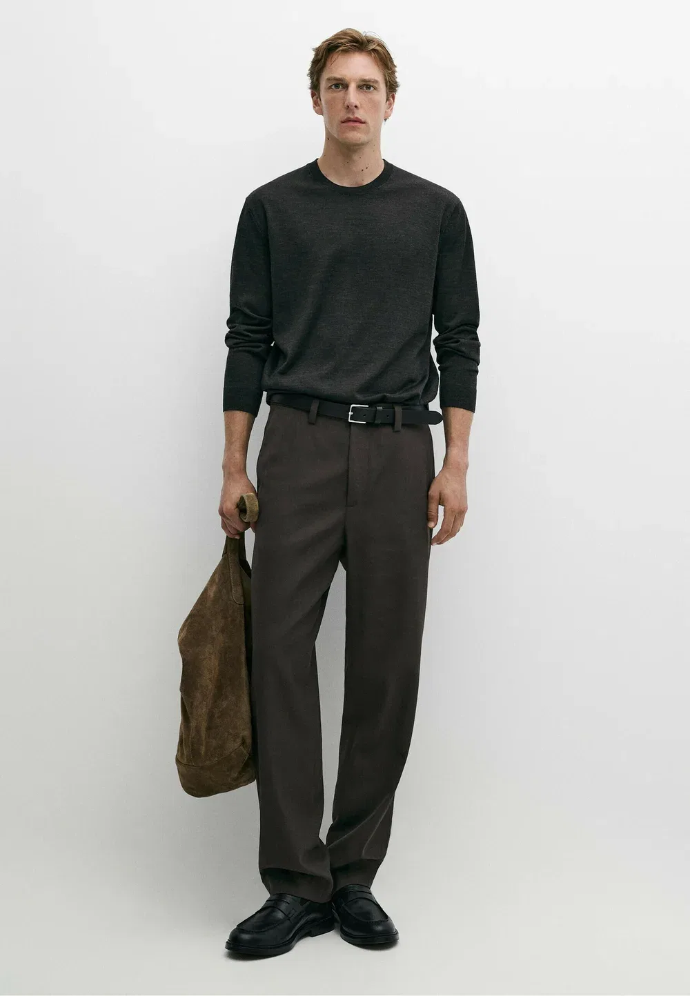 Вязаный свитер с круглым вырезом из 100% мериносовой шерсти Massimo Dutti, Dark Grey — фото 2