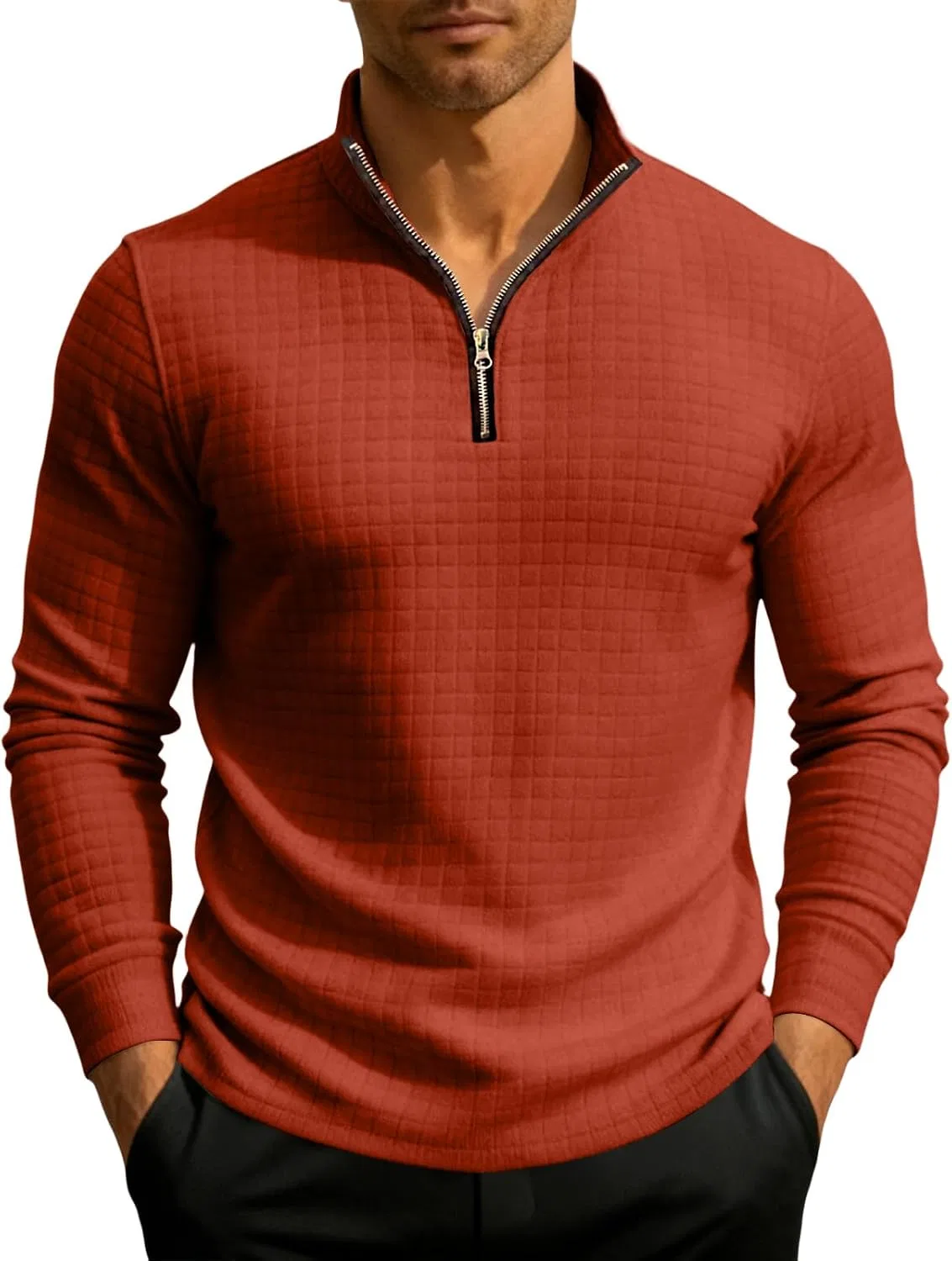 Мужская длинная футболка с вафельным узором Quarter Zip, Vermilion — фото 2