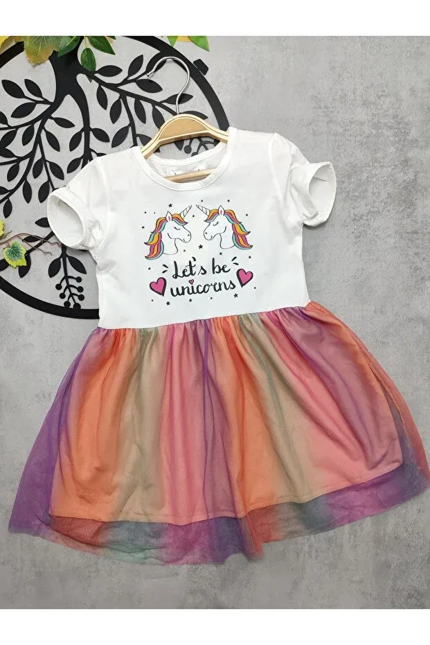 Детское платье для девочек с принтом Colorful Tulle Combed Cotton Dress Beray Bebe, Ecru