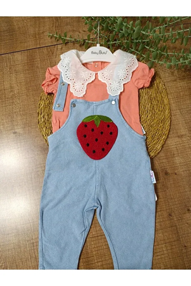 Детский комбинезон для девочек с цветочным принтом Strawberry pocket ruffle collar detailed denim baby girl summer salopet gardener set Baby Buu, Pink — фото 2