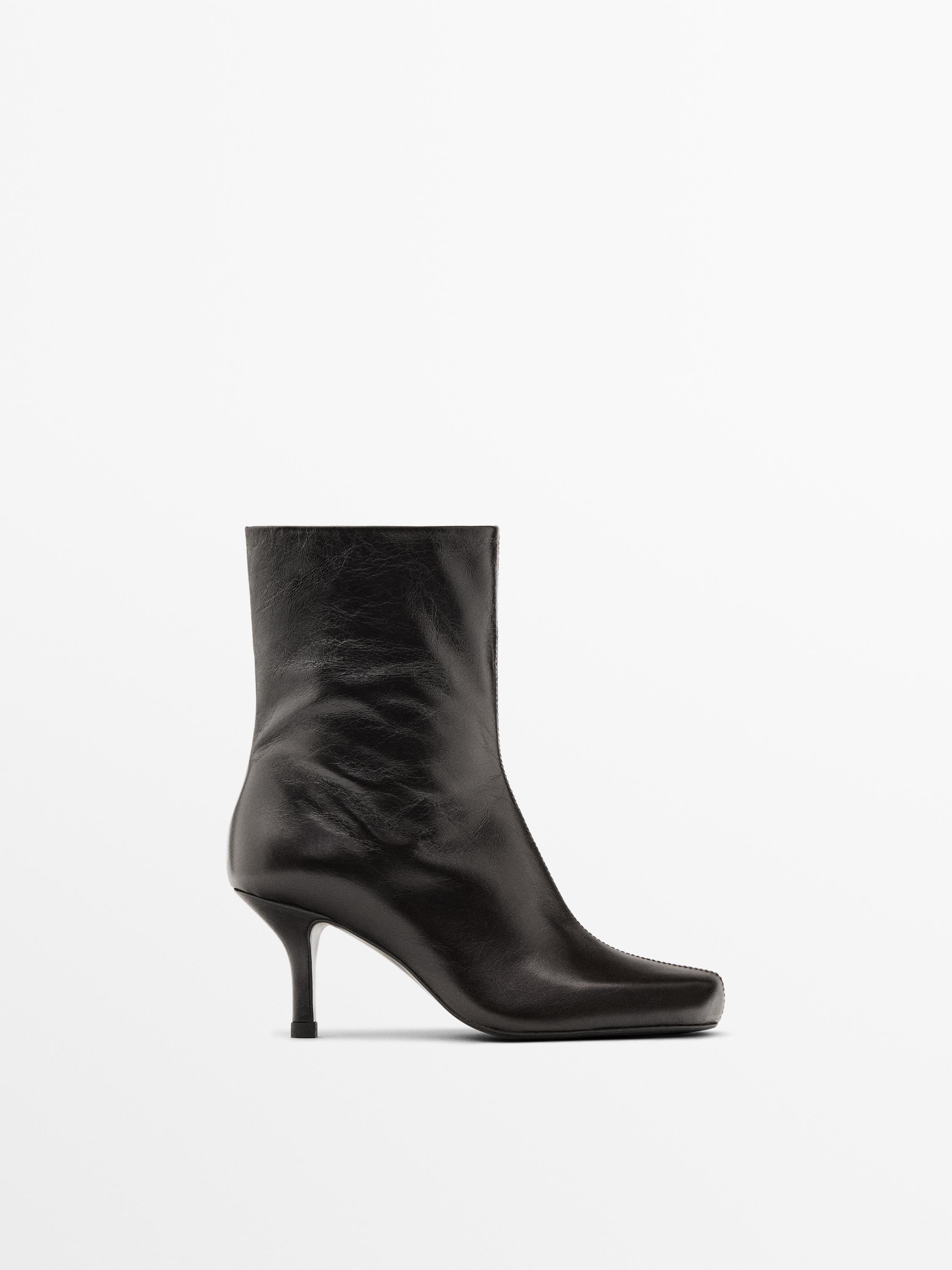 Ботильоны из блестящей кожи на высоком каблуке Massimo Dutti, коричневый