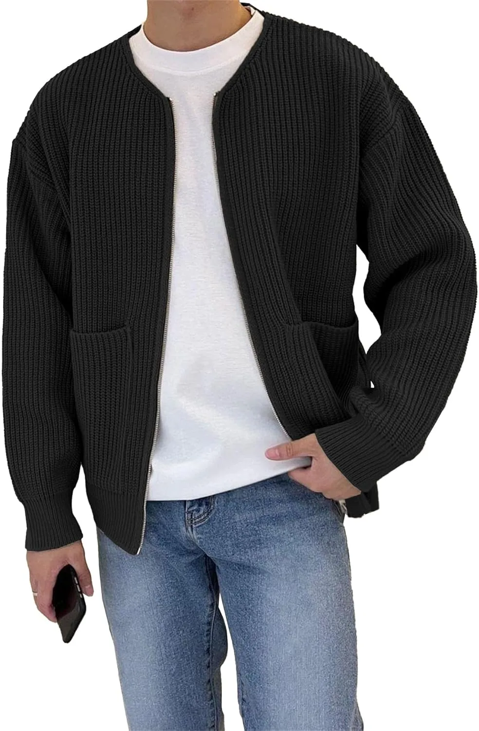 

Мужской свитер с воротником-гольф на молнии, длинным рукавом и карманом