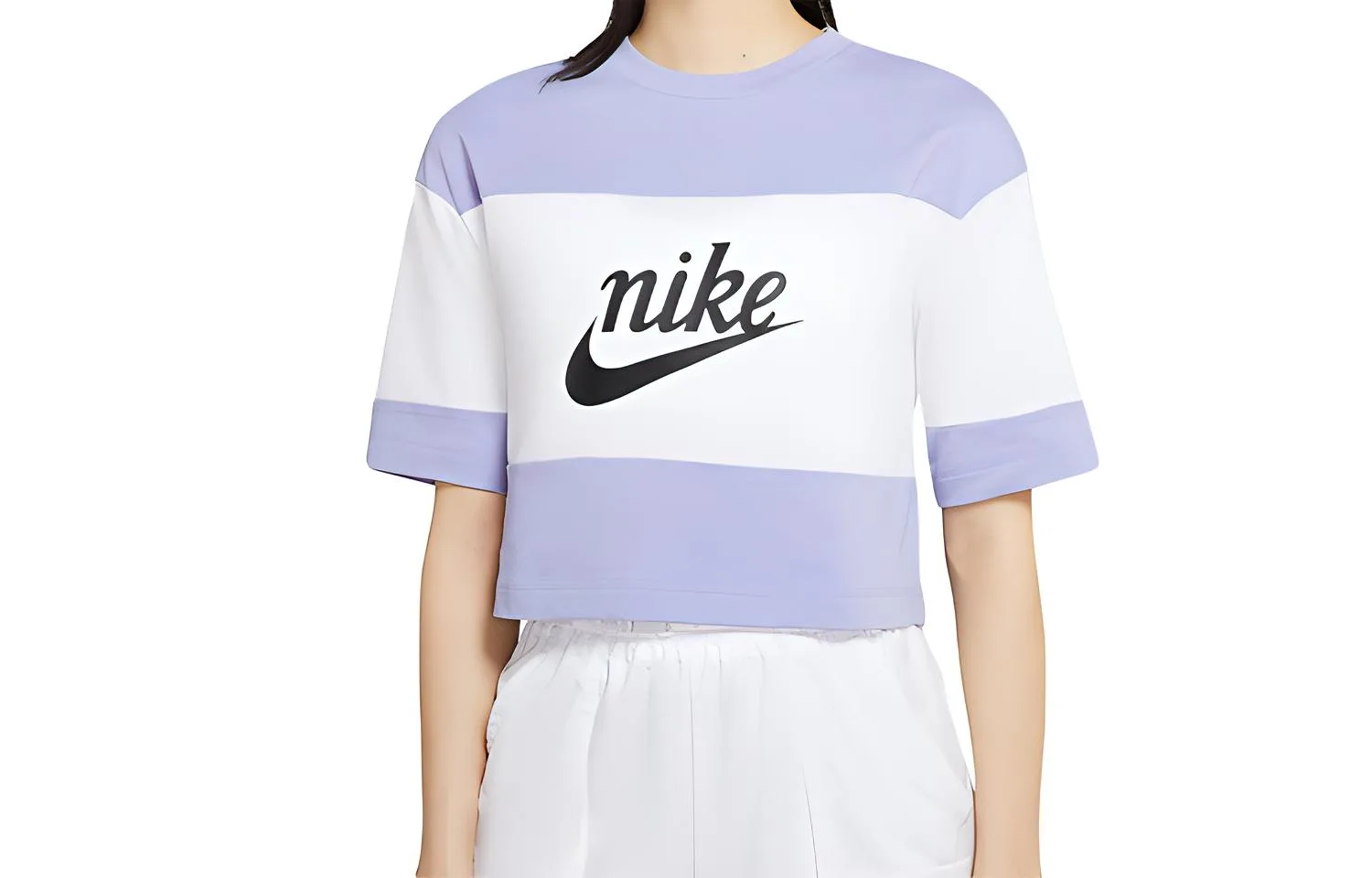 Nike Кроп-топ женский белый/светло-сиреневый/черный с круглым вырезом