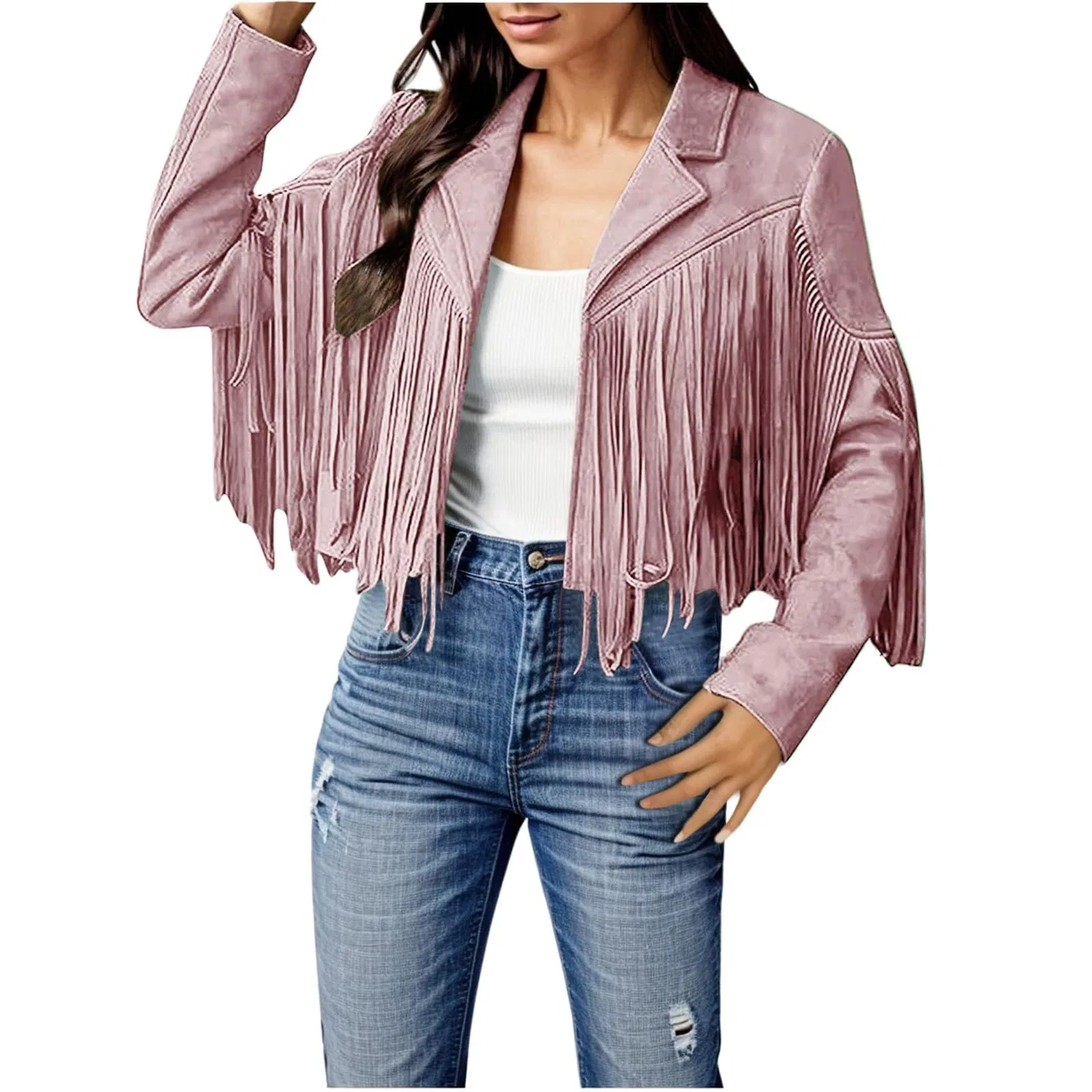 Женская куртка из искусственной замши с бахромой, pink