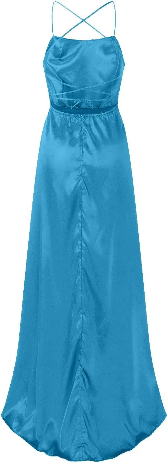 Женское вечернее платье на бретелях с карманами Satin, 1b-blue — фото 4