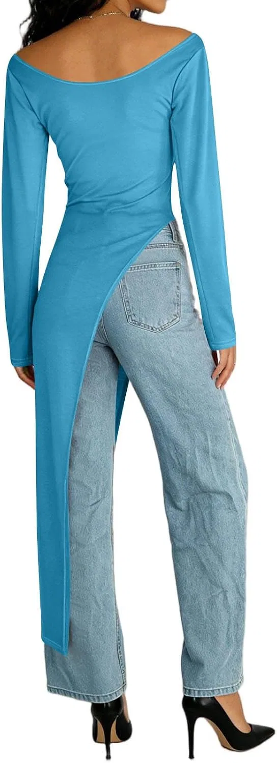 Женское длинное платье миди с высоким разрезом Slim Fit, Light Blue — фото 4