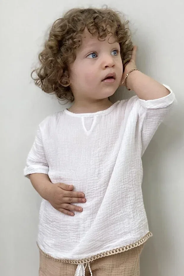 Детская хлопковая рубашка с принтом Unisex Stripe Detailed Children's Muslin Shirt Stripe Meqlife, Off White — фото 3