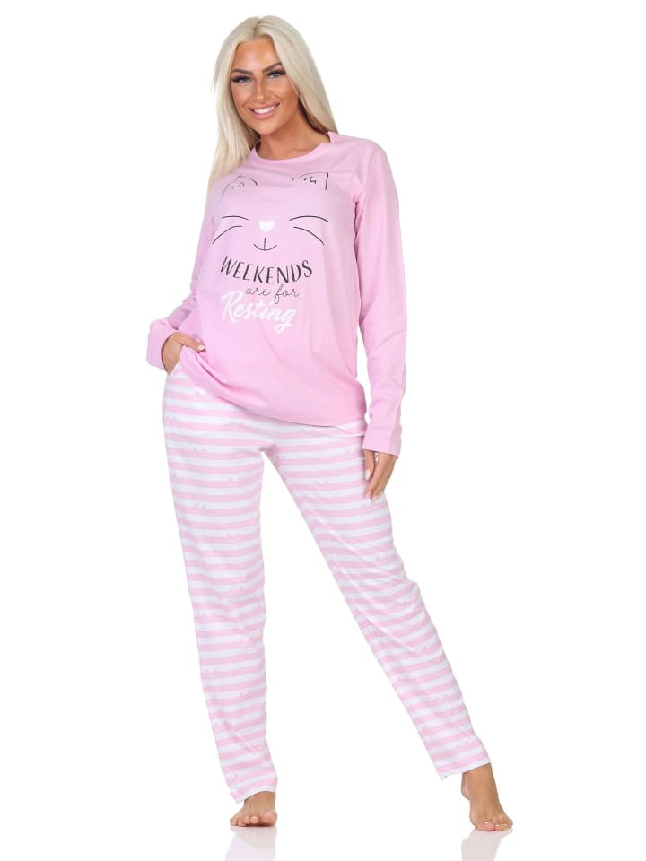 

NORMANN Пижама с длинными рукавами, с кошачьим принтом, больших размеров, розового цвета