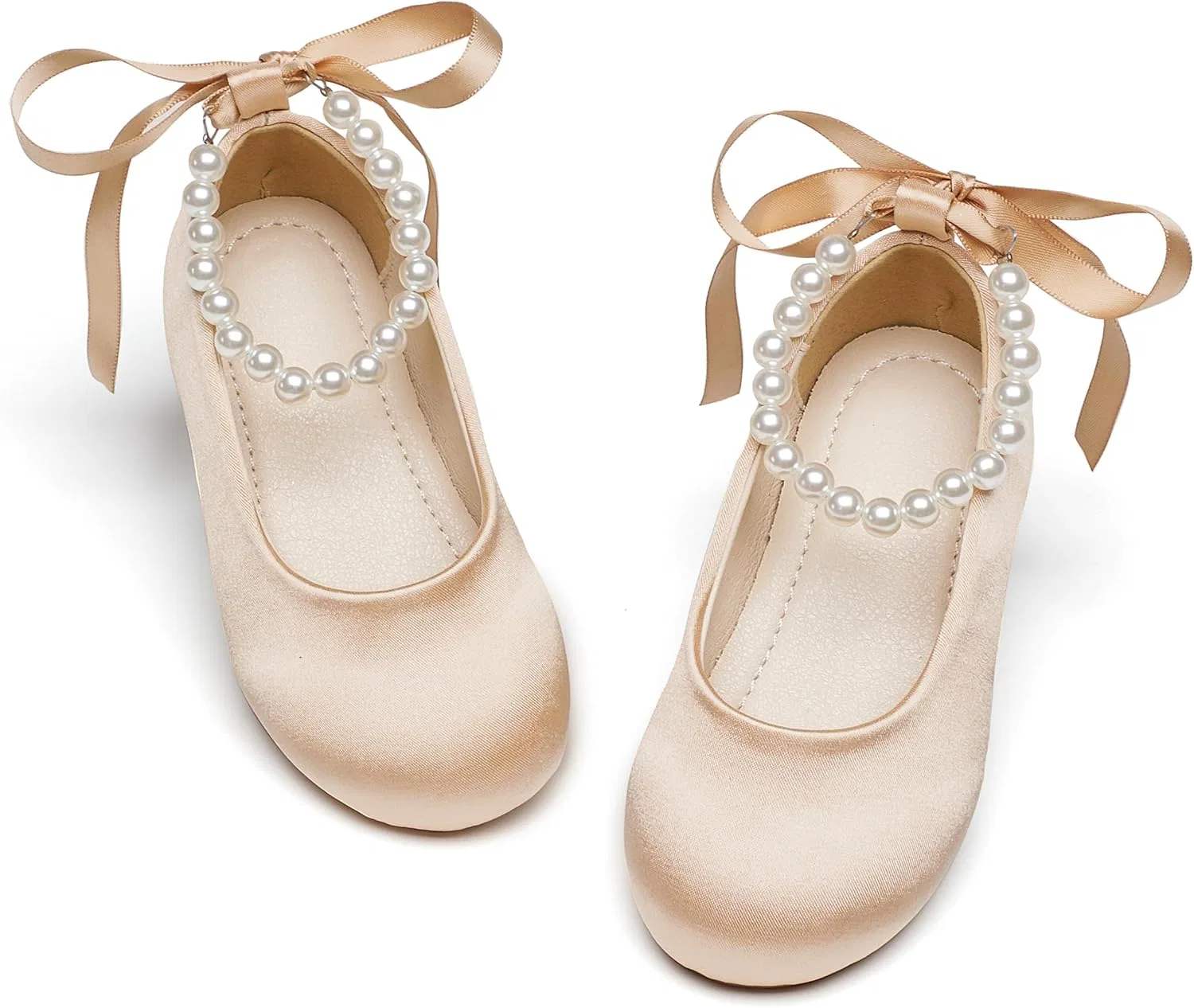 Детские туфли-балетки для девочек с жемчужным ремешком PHIRAMIN, Champagne Pearl Strap
