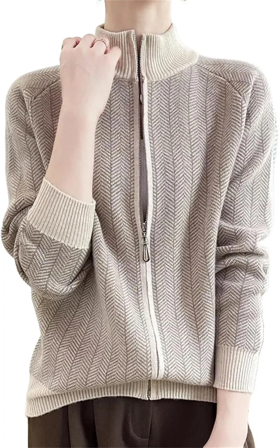 Женский кардиган с молнией, воротником-стойкой, свободного кроя, Pure Wool Knitted, Raw Velvet Rice