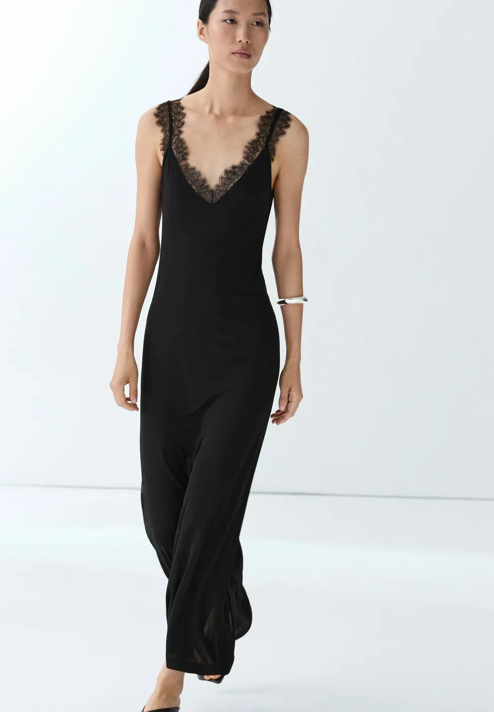 Струящееся миди-платье в стиле нижнего белья - ночная рубашка Massimo Dutti, Black