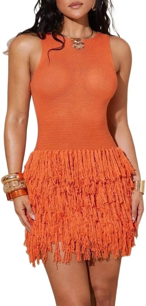 Женское мини-платье без рукавов с бахромой Knit Dress, Orange