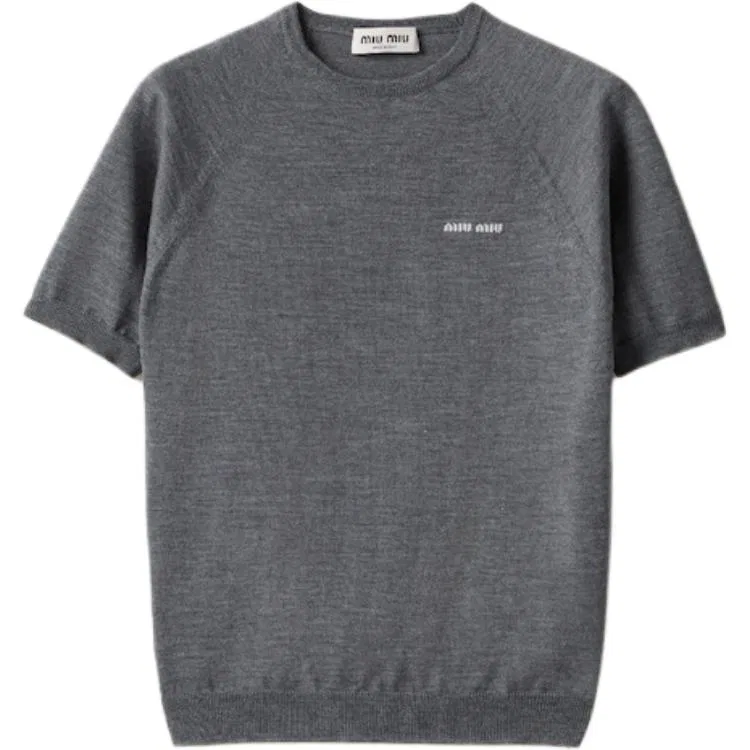 Свитер серый с круглым вырезом, MIU MIU, Gray
