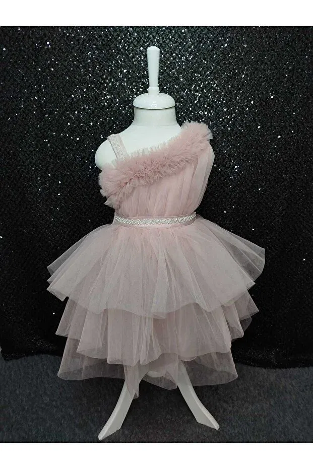 Детское вечернее платье для девочек из фатина One shoulder stone detailed tulle children's evening dress Bonita, Powder