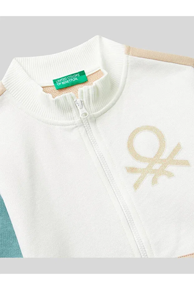 Детские свитшот на молнии для девочек с длинным рукавом Benetton, White — фото 3