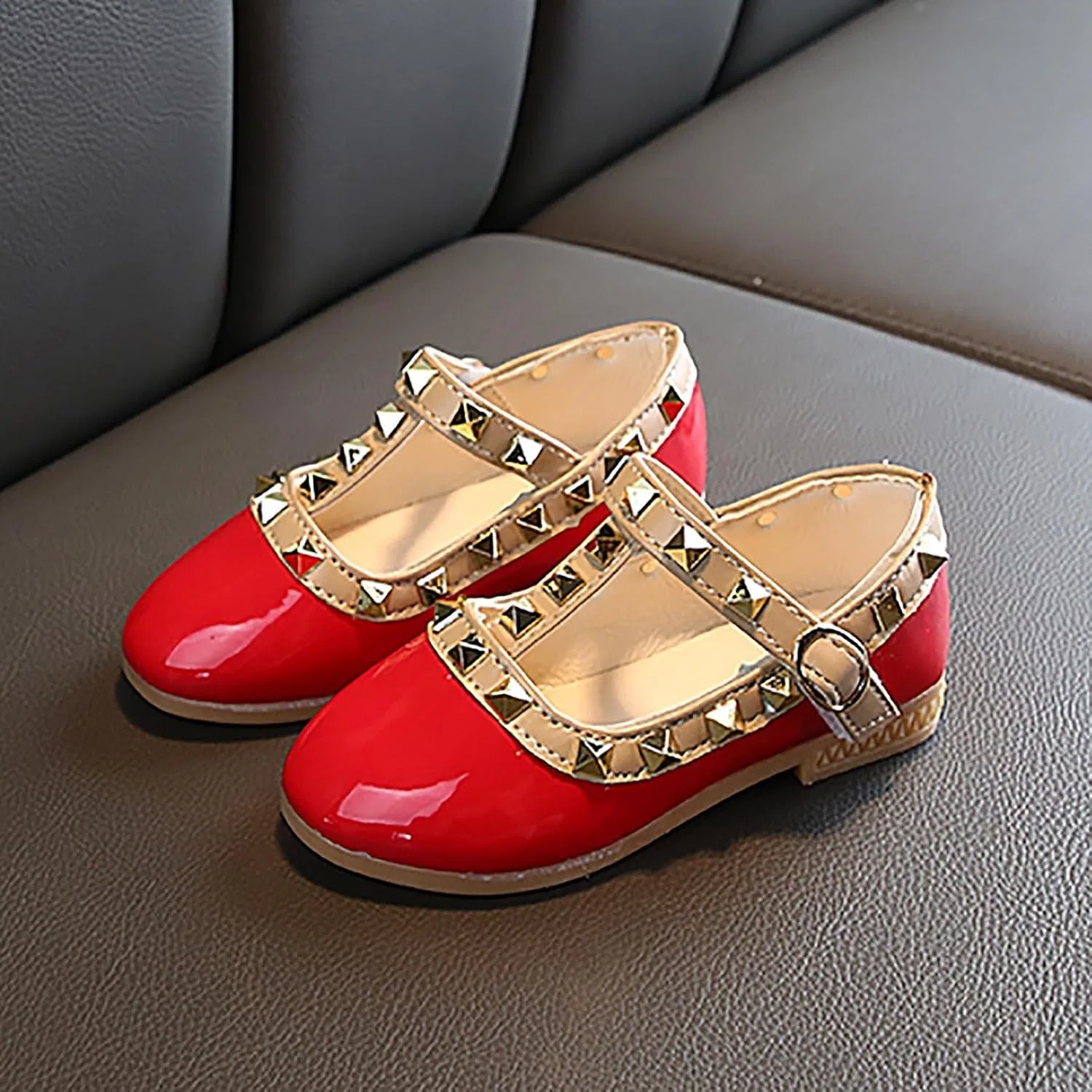 Детские туфли для девочек с блестками Mary Jane Flat Low Heel Princess Dress Shoes, Red — фото 3