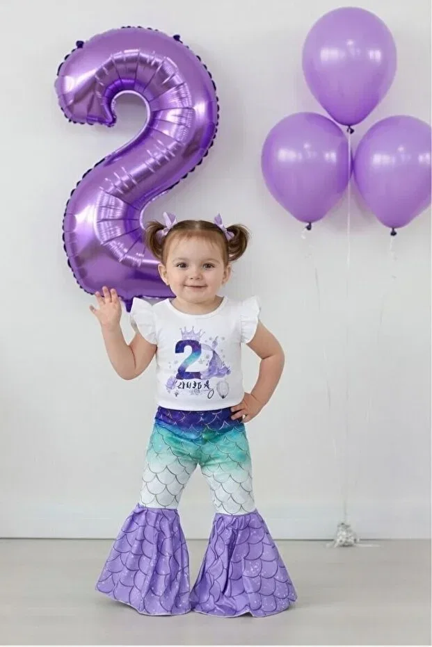 Детский комплект для девочек с принтом Mermaid Themed Birthday Tights Set My Kids Wear, White-Multicolor — фото 3