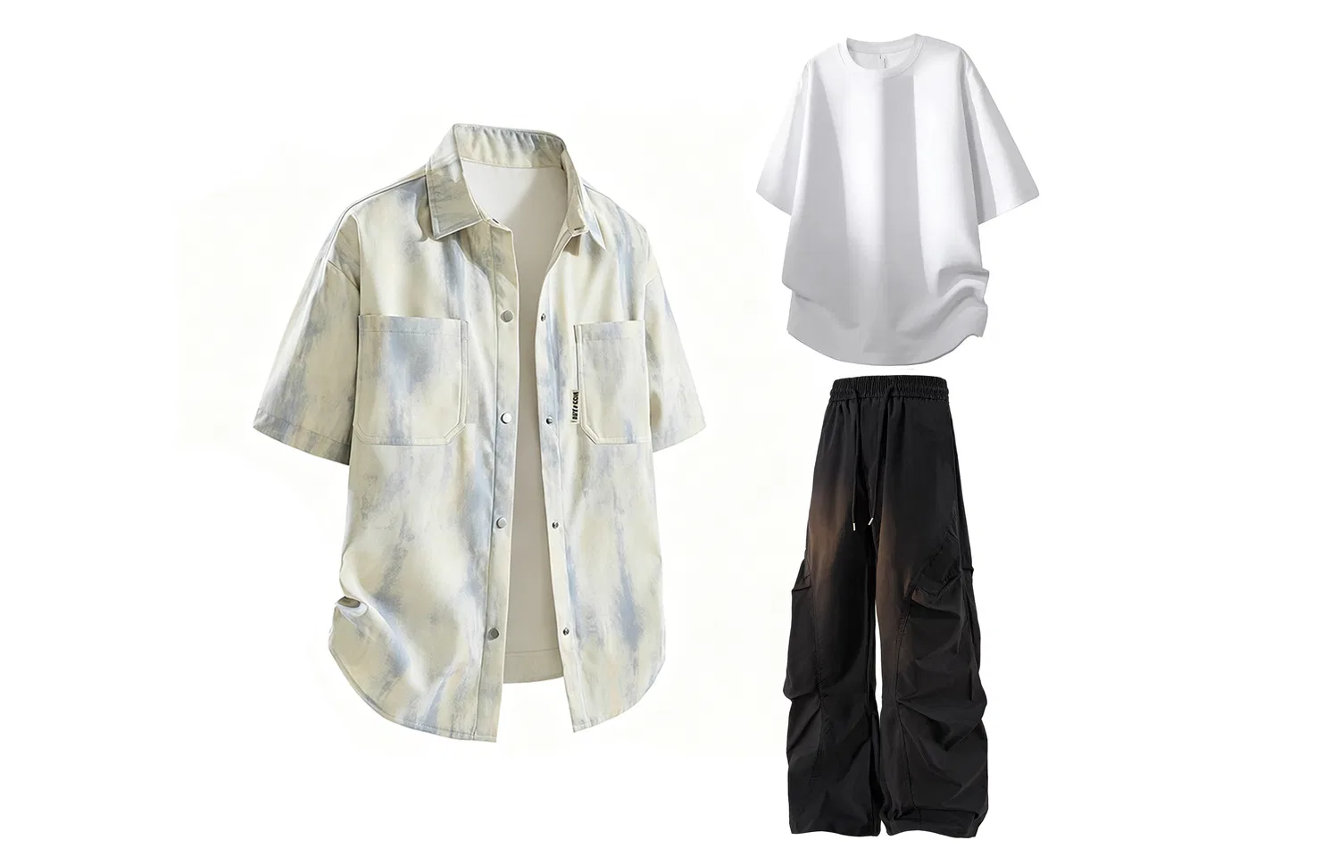 Детский комплект из рубашки, футболки и брюк Beige Blue Shirt White T-Shirt Black Pants MIIOW