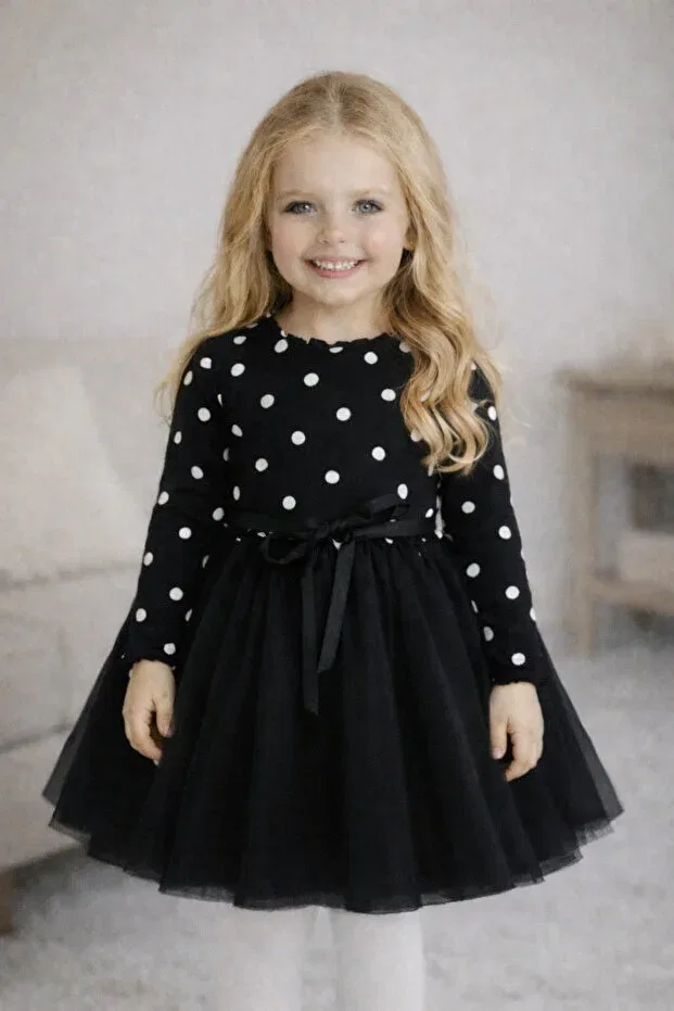 Детское платье для девочек с принтом Linda baby girl kids dress polka dot stretchy lycra Şirin Şeyler Butiği, Black