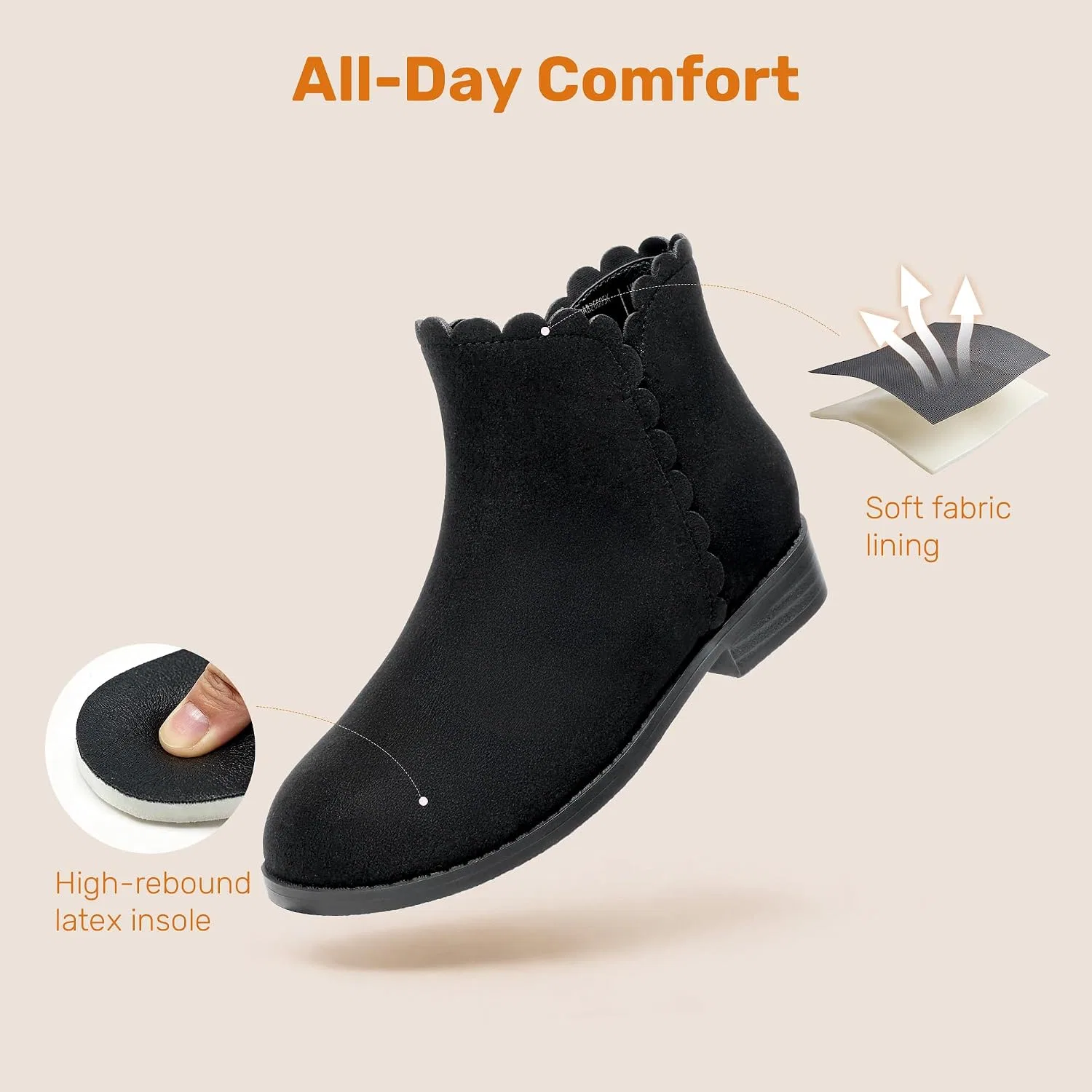 Детские ботинки для девочек с боковой молнией DREAM PAIRS, All Black — фото 4