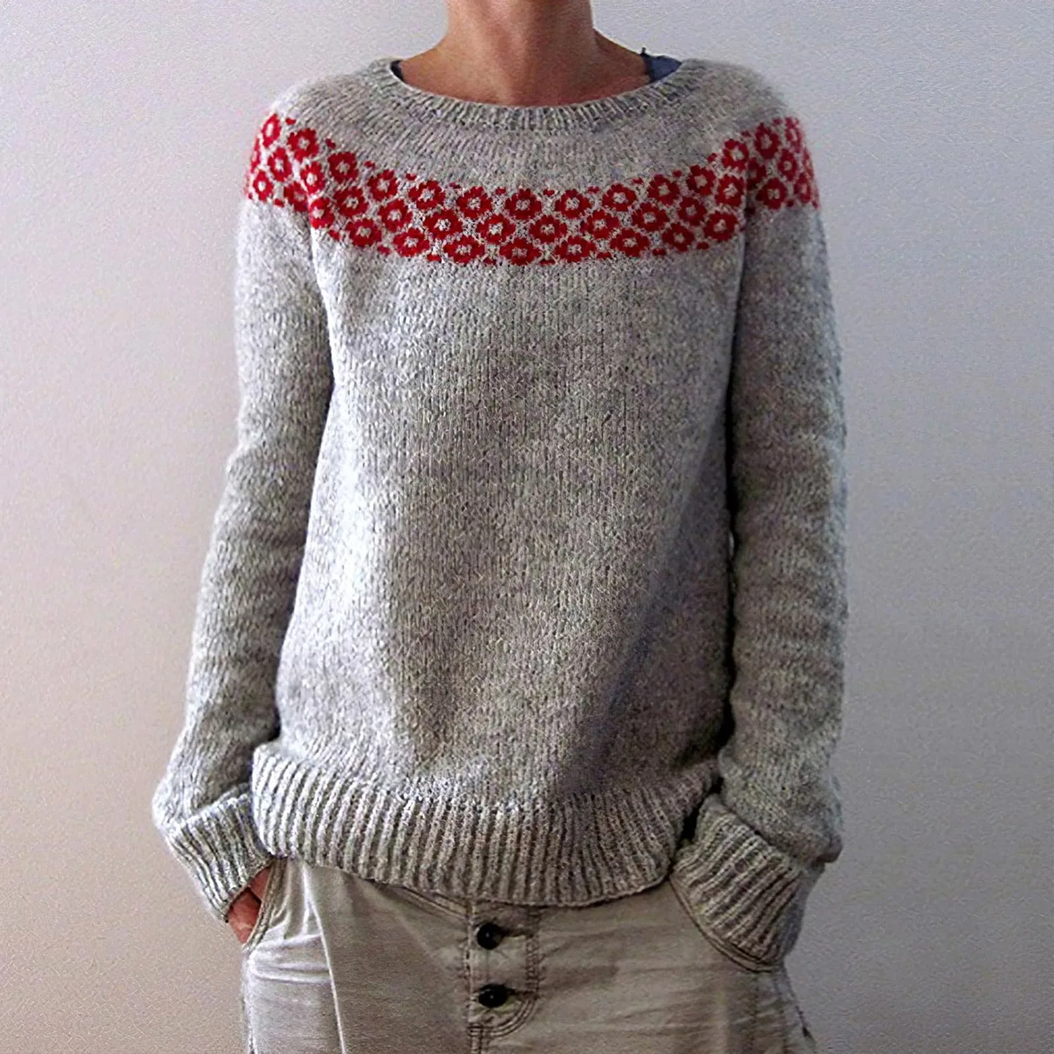 Женский свитер с принтом Fair Isle HUIFUAO, A07 Red — фото 2