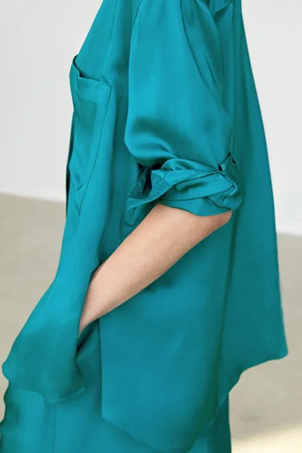 Женская рубашка из сатина с длинным рукавом Massimo Dutti, Blue And Green — фото 4