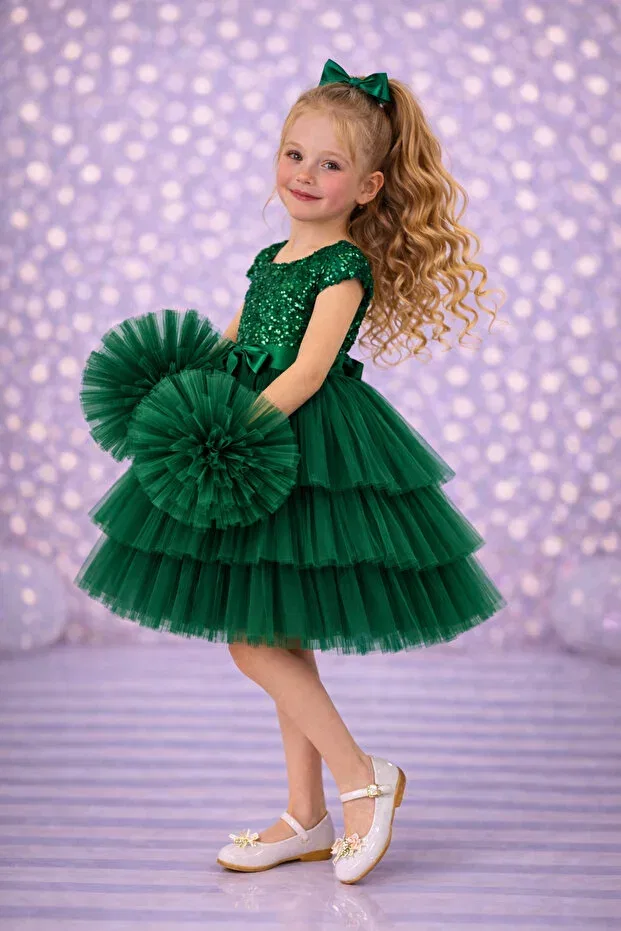 Детское платье для девочек вечернее с пайетками с длинным рукавом Rumi Kids, Green — фото 2