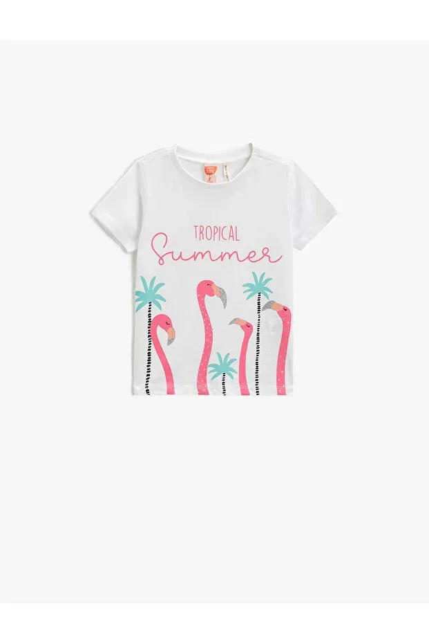 Детская футболка с коротким рукавом с принтом Flamingo Koton, White