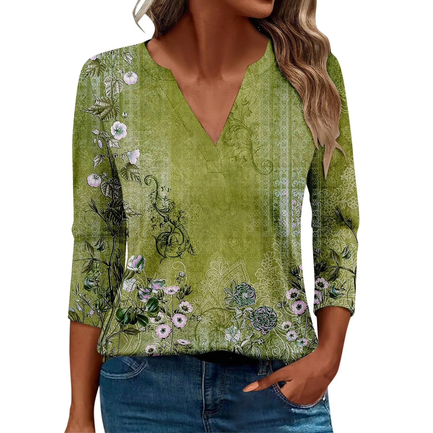 Женская блуза с принтом Women Blouses 3/4 Sleeve V Neck Casual Elegant Summer Boho Floral Print Blouses, 28#verde Militare