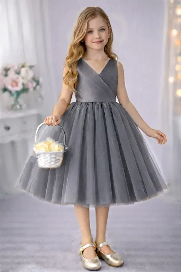 Детское платье для девочек с запахом Sare model Girl's Gray Wrap Collar Mini Plain Skirt Puffy Ball Gown & Birthday Dress Suneh, Gray