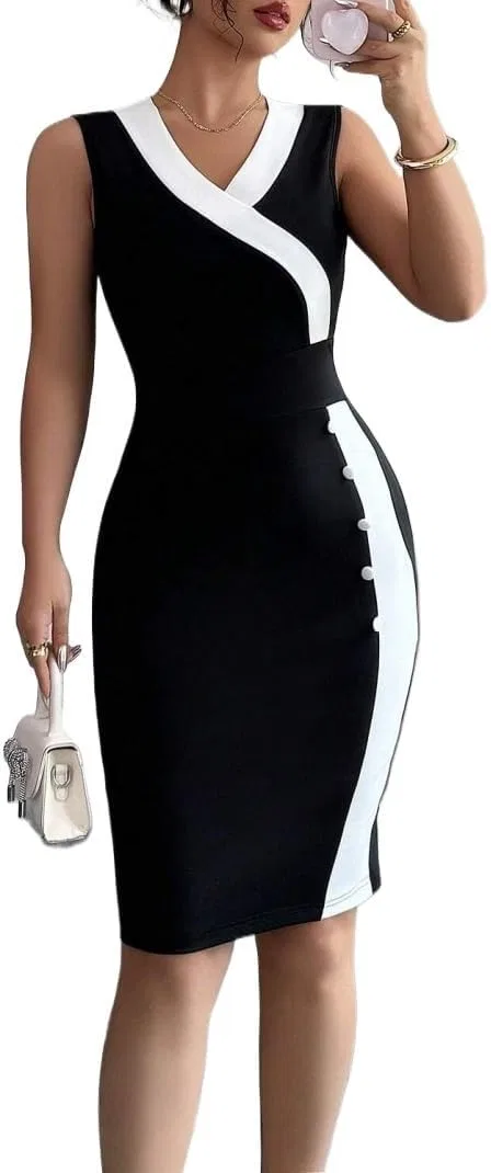 Женское цветовое блочное платье-футляр Bodycon с разрезом, Black