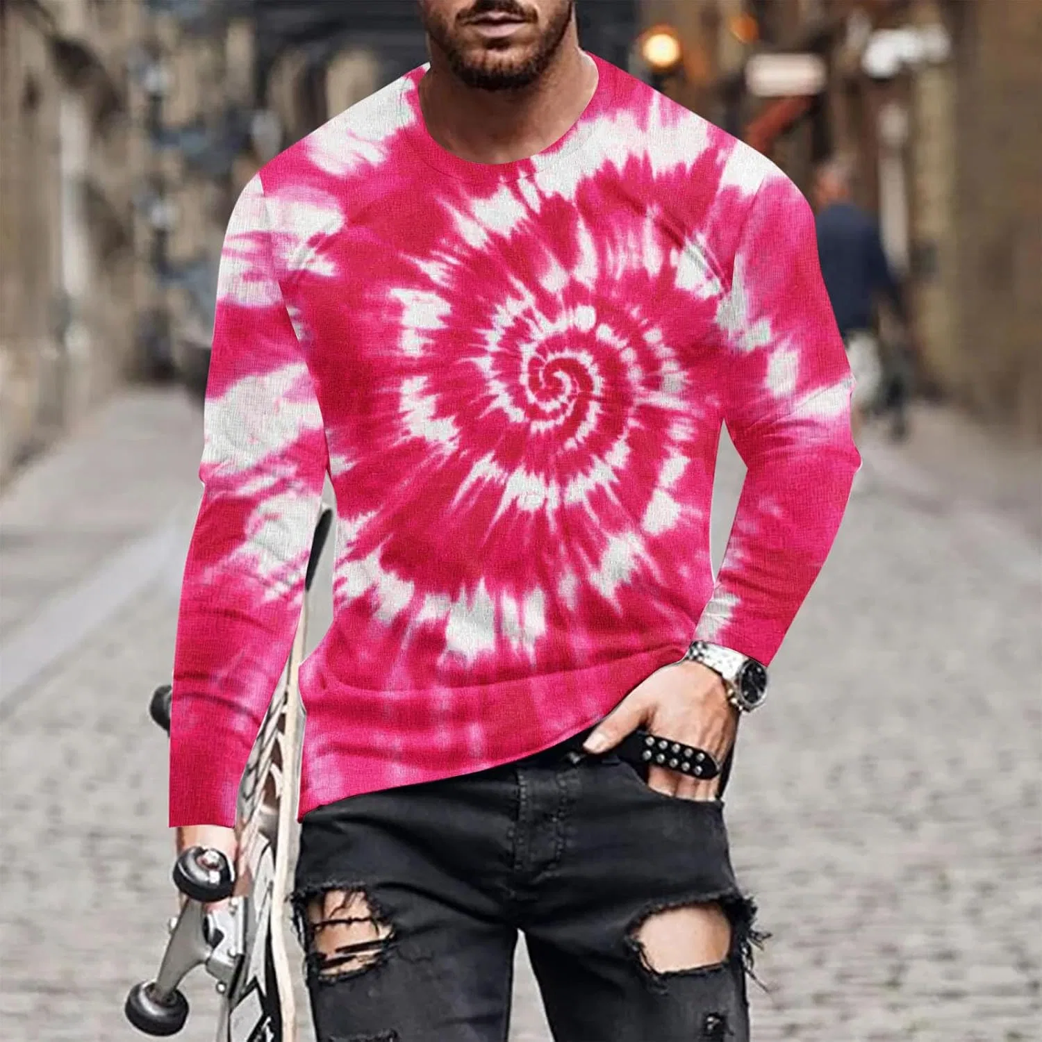 Мужская футболка с длинным рукавом tie-dye Polo Shirts Long Sleeve for Man, Hot Pink — фото 2