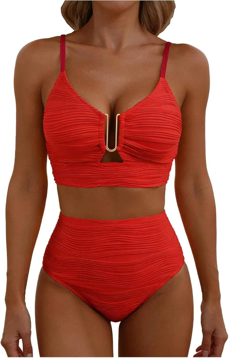 Женский танкини с текстурой, утягивающий животик Floral Swimwear, Red
