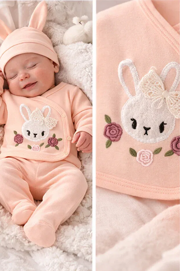 Детский комбинезон для новорожденных с принтом Organic baby girl print rabbit patterned 5-piece jumpsuit hospital release newborn outfit baby bib Bamoola, Lilac — фото 2