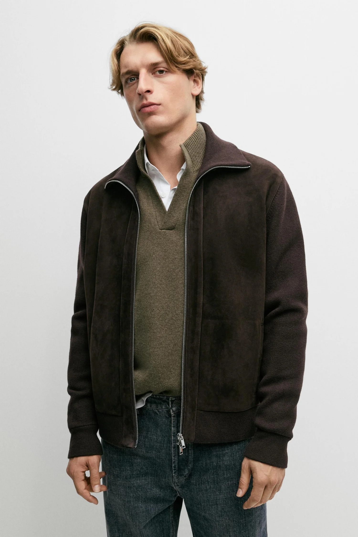 Замшевая куртка Massimo Dutti Mixed fabric, коричневый — фото 2