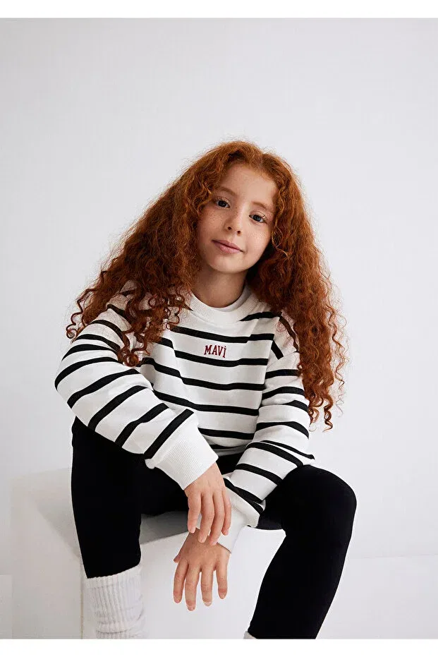 Детское для девочек свитшот с принтом Logo Printed Black Striped Mavi, Black-900