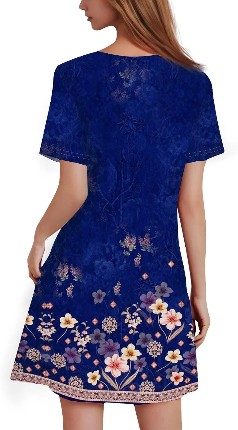 Женское мини-платье A-силуэта с коротким рукавом, Floral, Dark Blue — фото 2