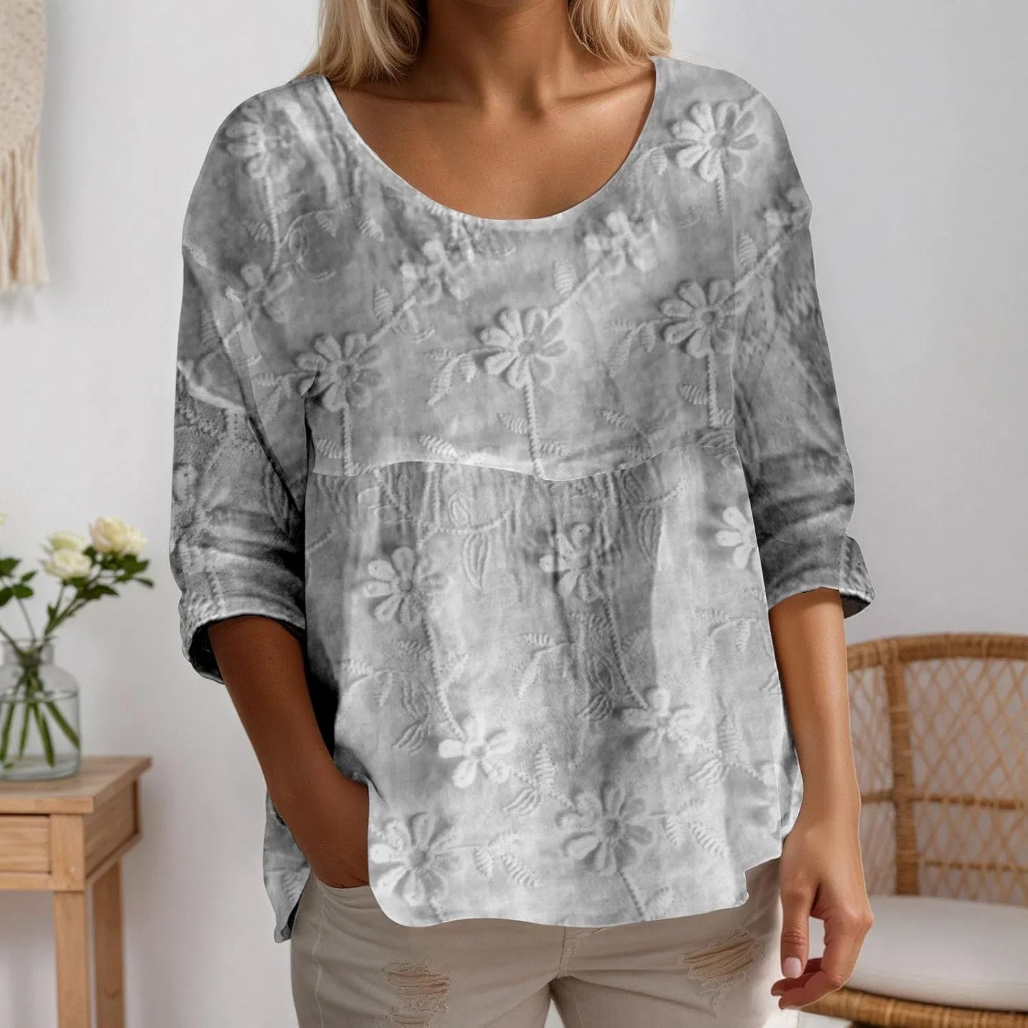 Женская блуза свободного кроя с вышивкой, Retro Embroidered, бежевый — фото 2