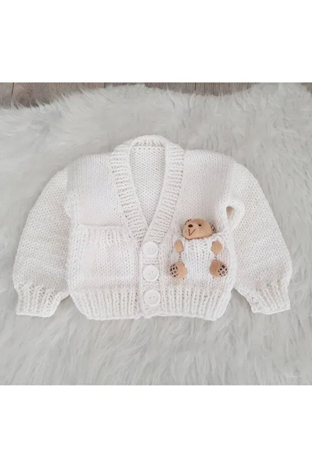 Детский кардиган с длинным рукавом Hand knitted unisex baby kids cardigan with teddy bear El Örgüsü, White — фото 2
