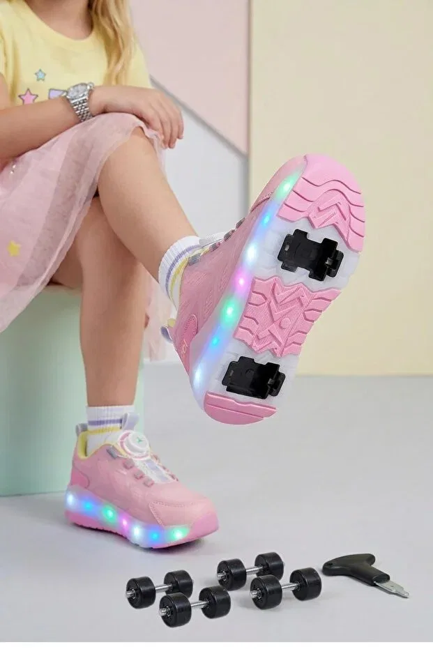 Детские спортивные кроссовки для девочек на шнуровке Wheel Smart Lighted Orthopedic Papuçsepeti, Powder