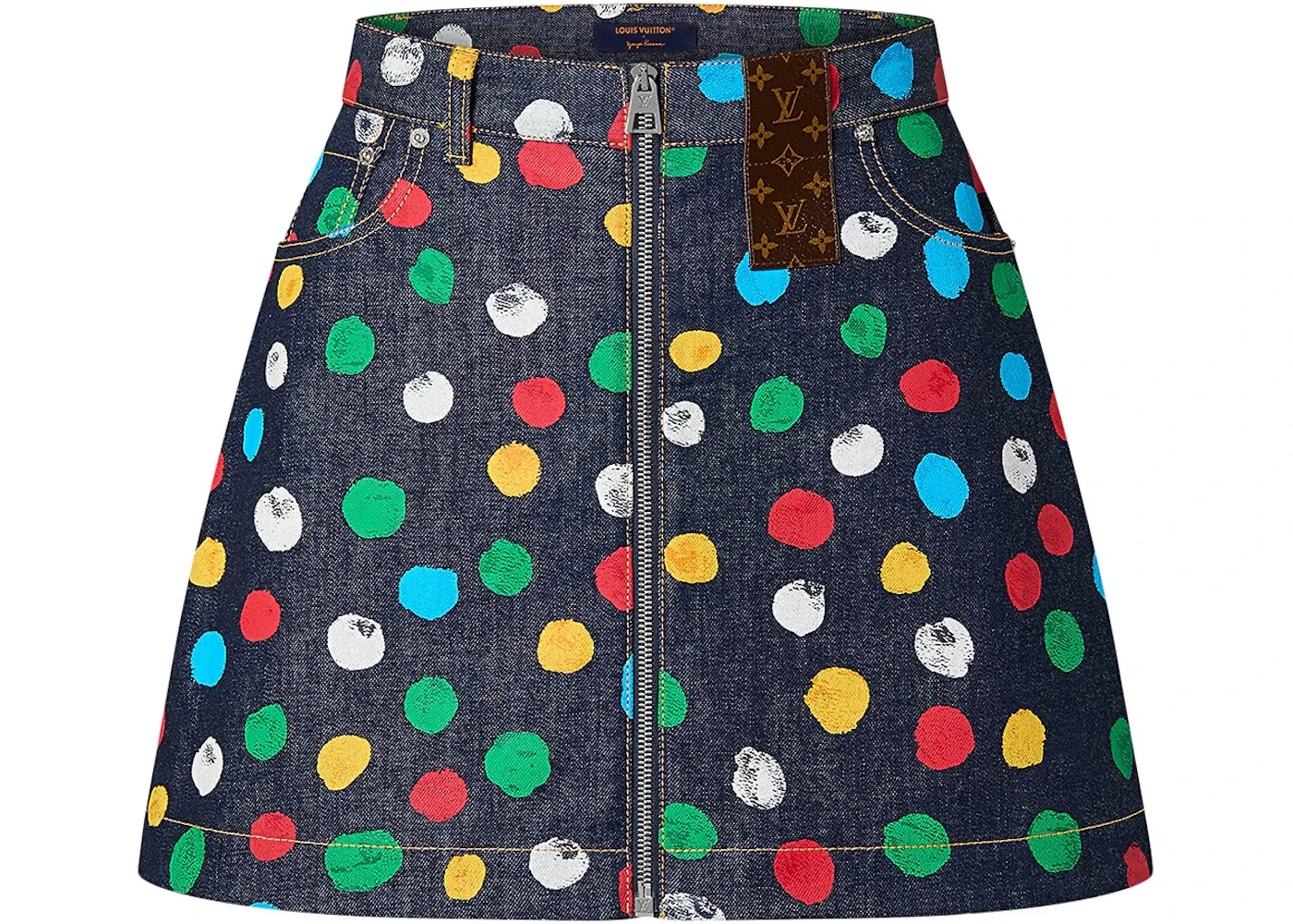 Женская мини-юбка с принтом Louis Vuitton x Yayoi Kusama Painted Dots Denim Mini Skirt, Indigo/Blue
