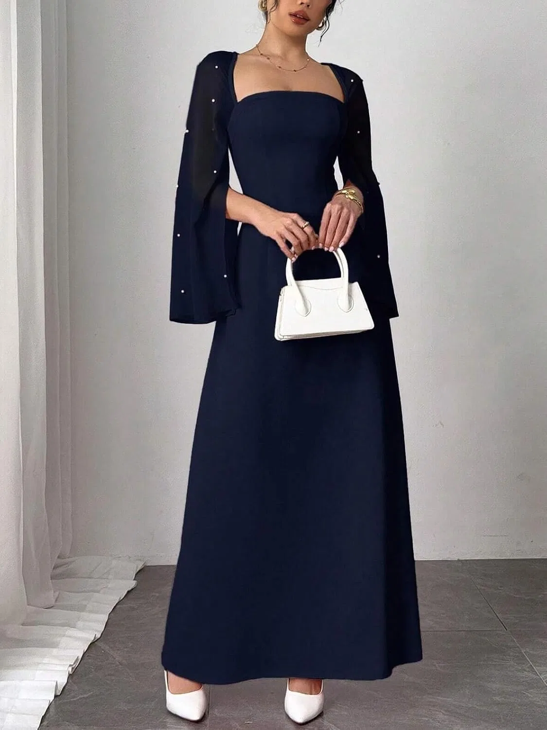 Женское A-силуэта макси платье с длинными рукавами, Navy Blue — фото 4