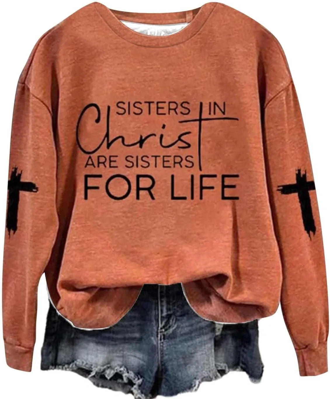 Женский свитшот с длинным рукавом Sisters In Christ Are Sisters For Life, оранжевый — фото 2